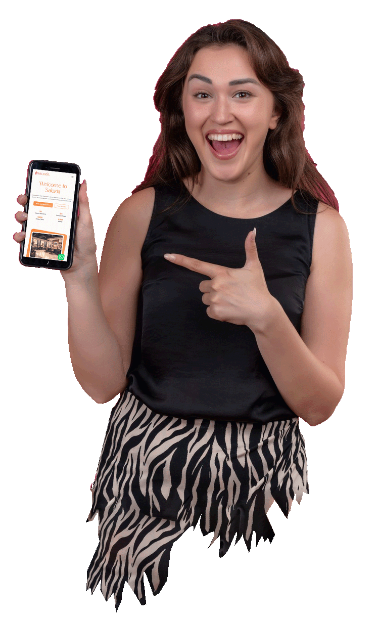 Smiling girl pointing at services